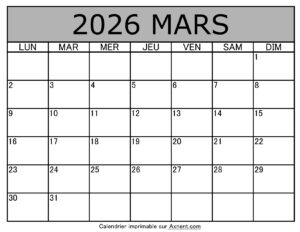 Calendrier À Imprimer Mars 2026