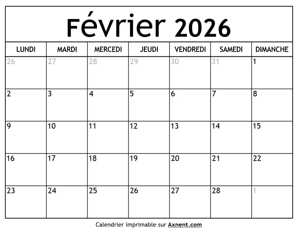 Calendrier Février 2026