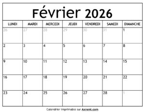 Calendrier Février 2026