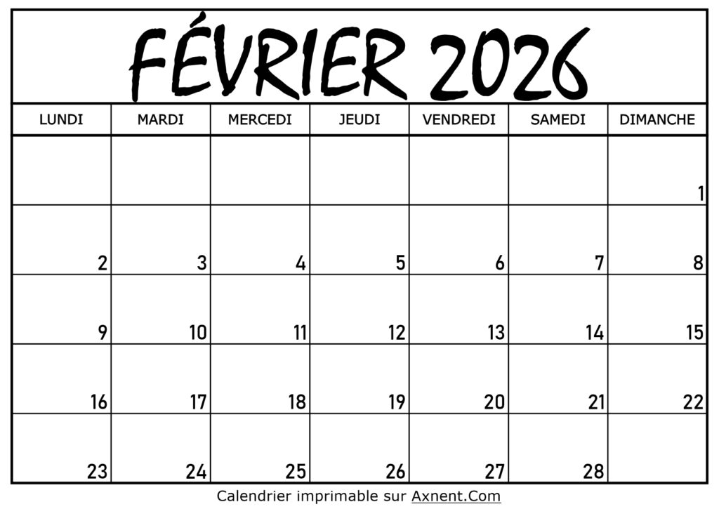 Calendrier Février 2026 À Imprimer
