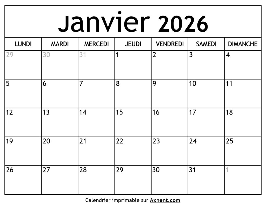 Calendrier Janvier 2026