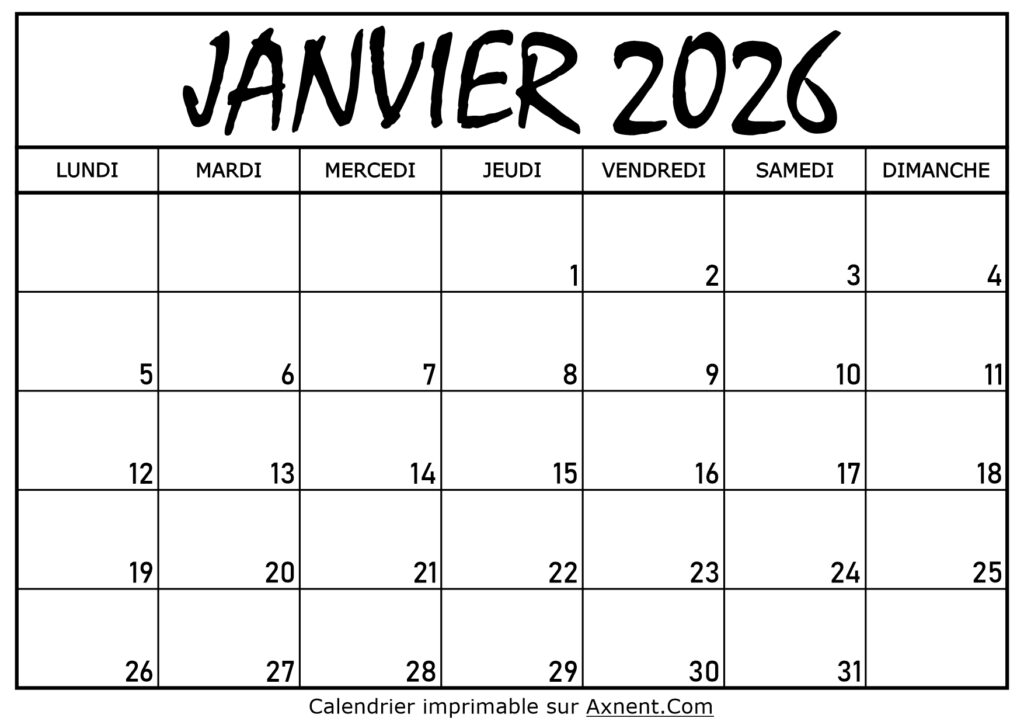 Calendrier Janvier 2026 À Imprimer