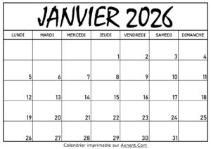 Calendrier Janvier 2026 À Imprimer