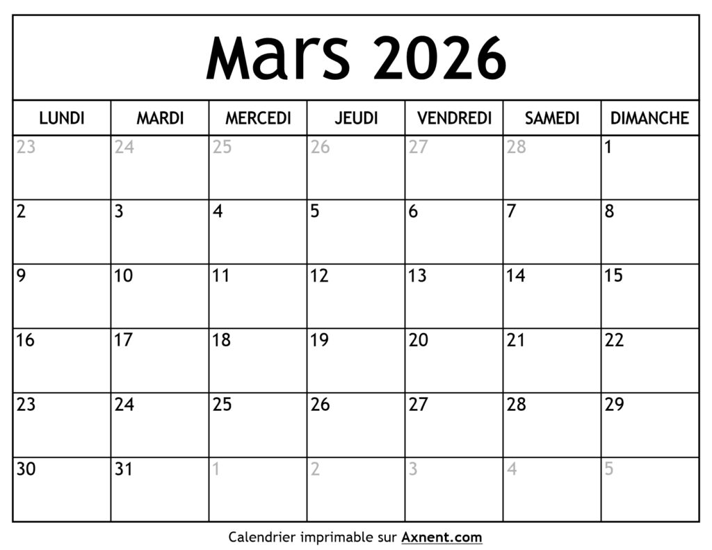 Calendrier Mars 2026