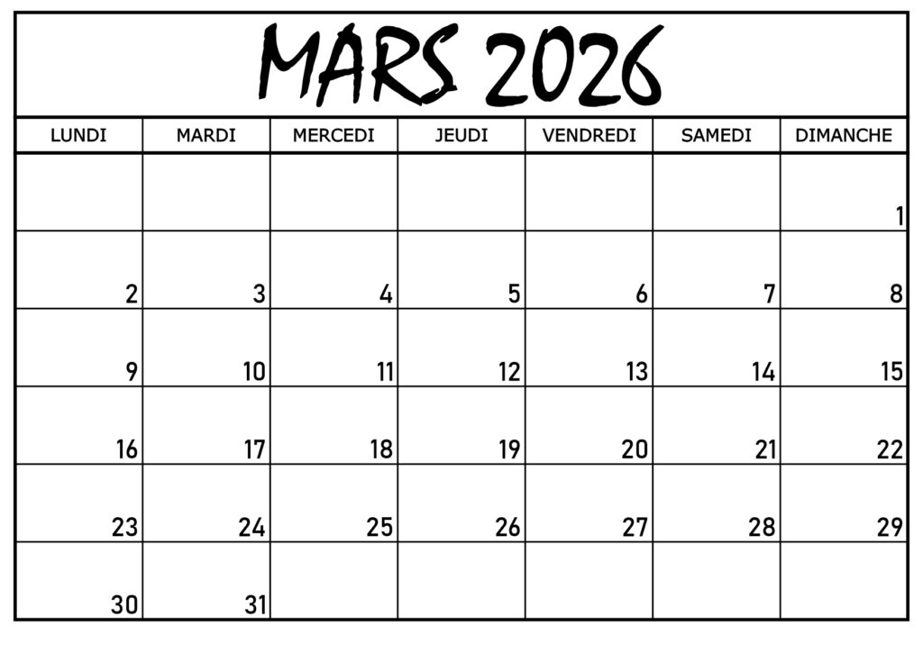 Calendrier Mars 2026 À Imprimer