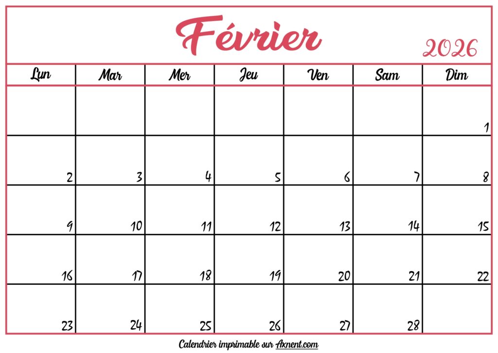 Calendrier Vierge Février 2026
