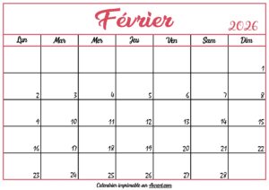 Calendrier Vierge Février 2026