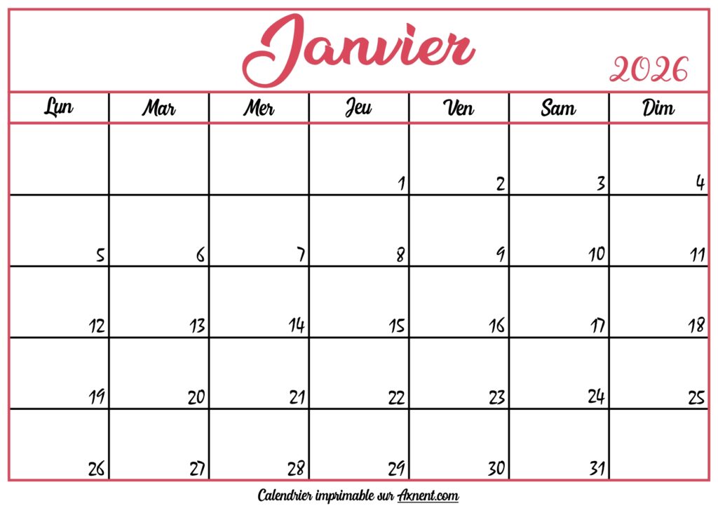 Calendrier Vierge Janvier 2026