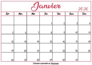 Calendrier Vierge Janvier 2026