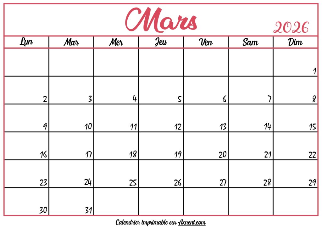 Calendrier Vierge Mars 2026