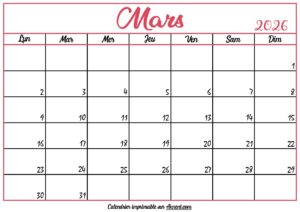 Calendrier Vierge Mars 2026