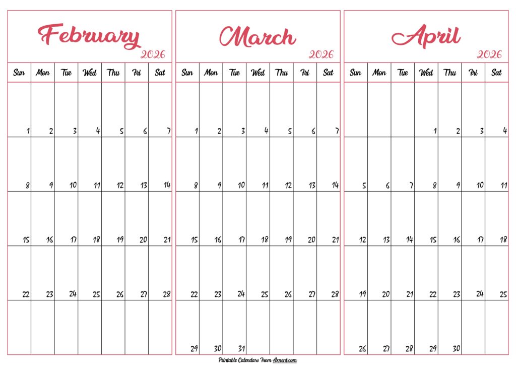 February March April 2026 Calendar