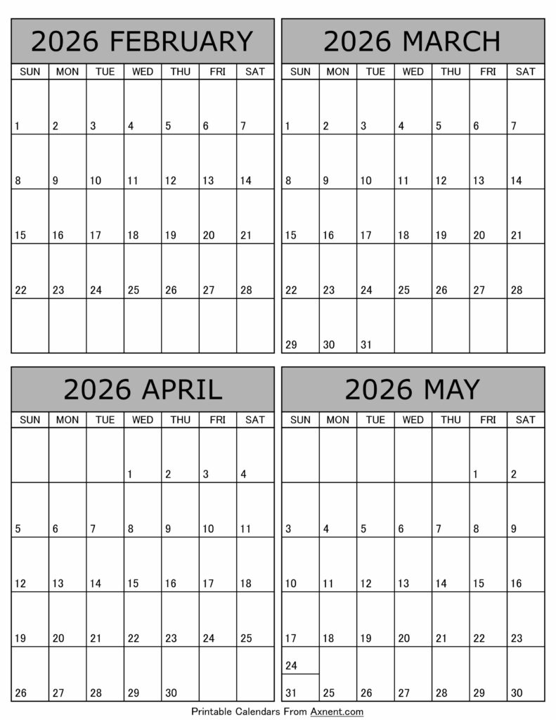 February March April May 2026 Calendar