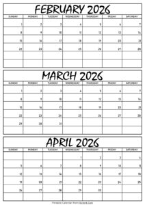 February March and April Calendar 2026