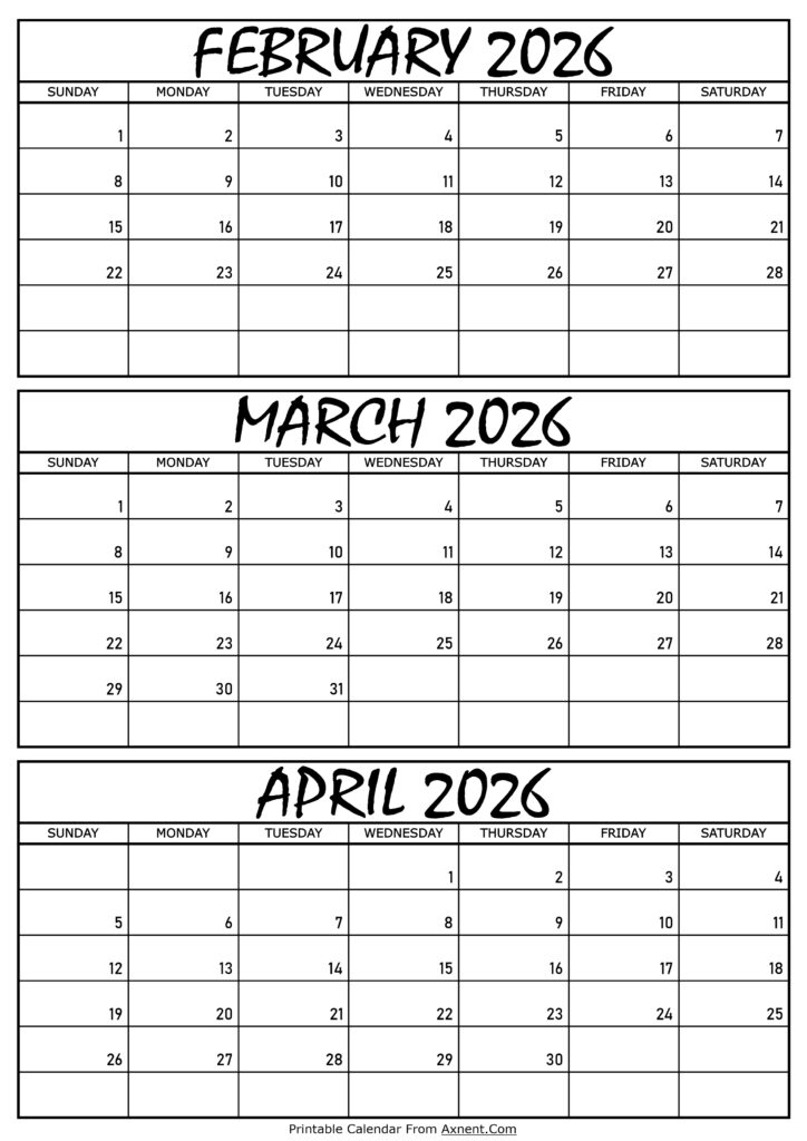 February March and April Calendar 2026