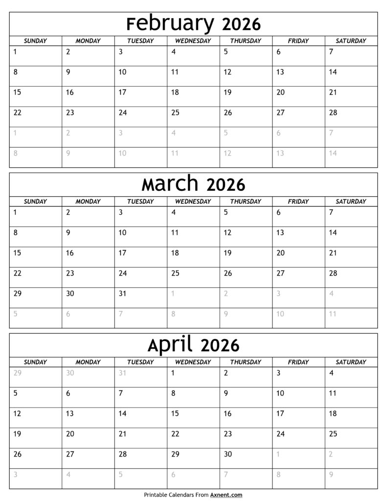 February to April 2026 Calendar