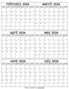 February to July 2026 Calendar
