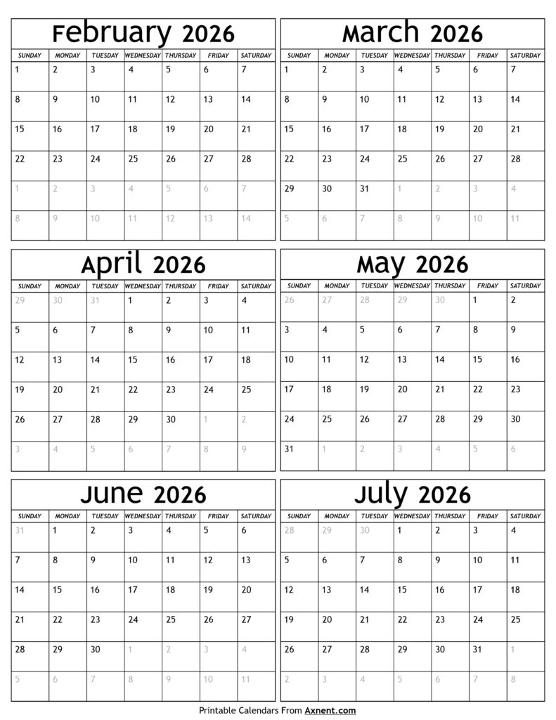 February to July 2026 Calendar