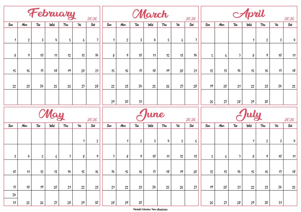 February to July Calendar 2026