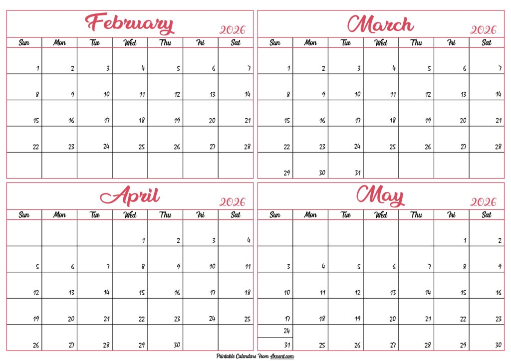 February to May Calendar 2026