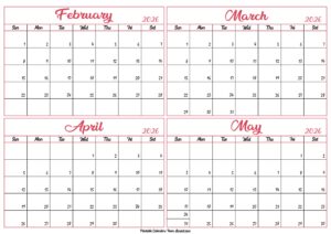 February to May Calendar 2026