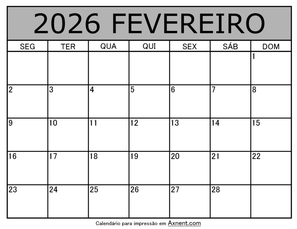 Fevereiro De 2026 Calendario Imprimível