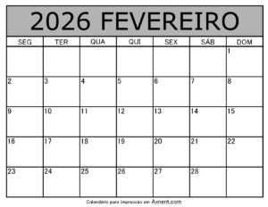 Fevereiro De 2026 Calendario Imprimível