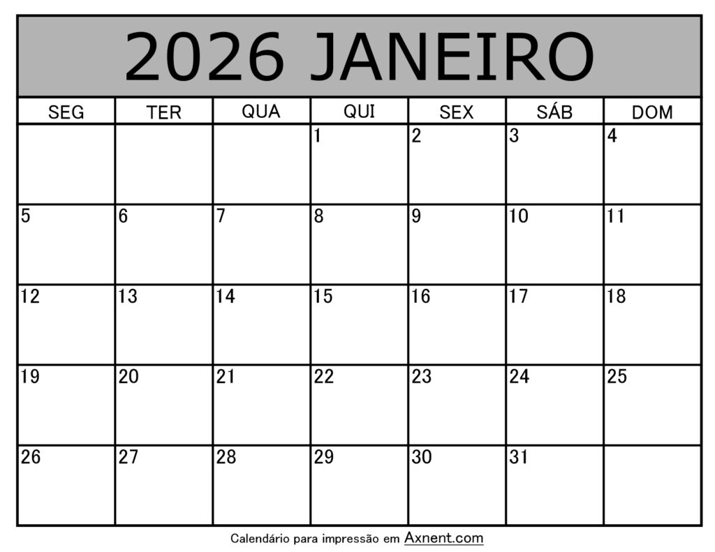 Janeiro De 2026 Calendario Imprimível
