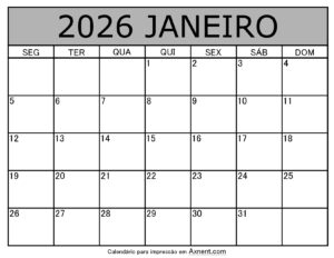 Janeiro De 2026 Calendario Imprimível