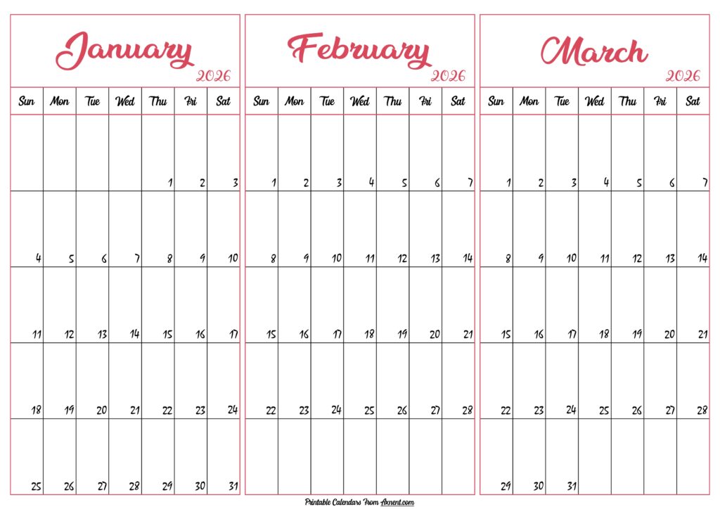 January February March 2026 Calendar