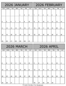 January February March April 2026 Calendar