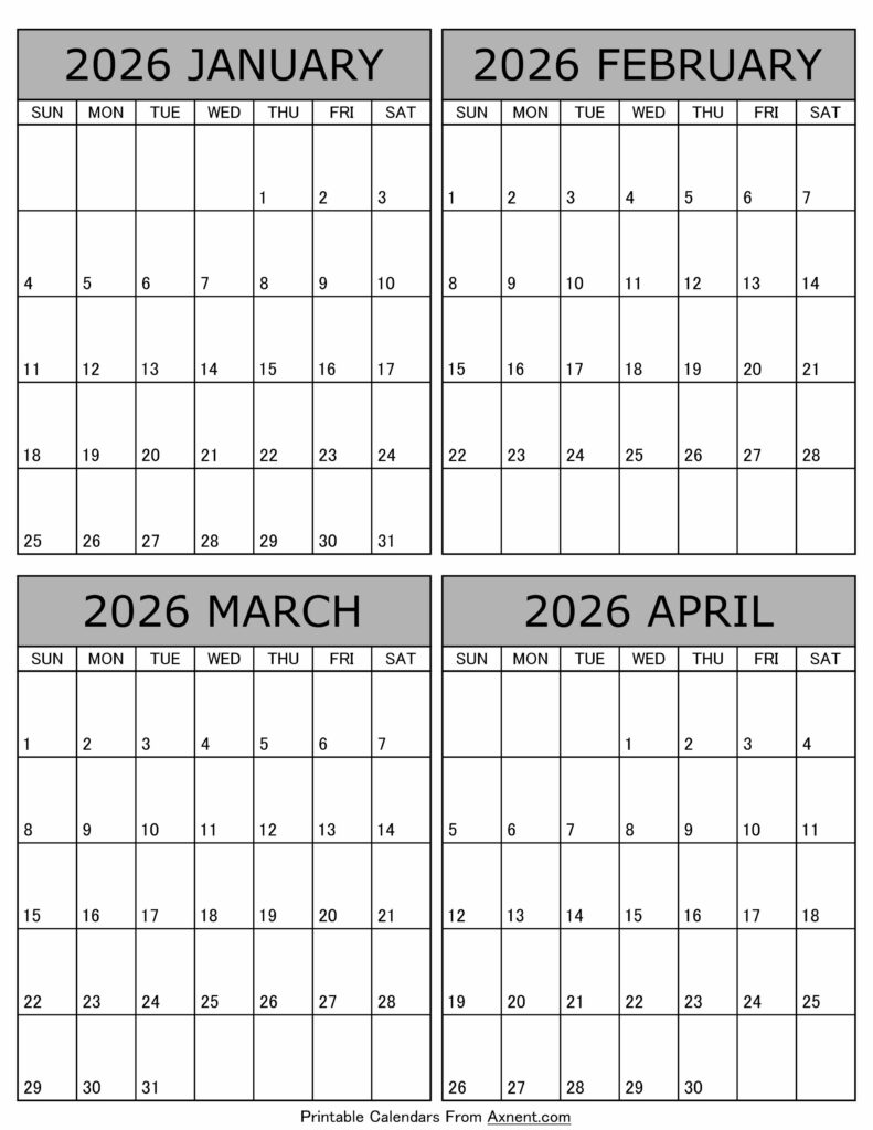 January February March April 2026 Calendar