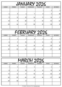 January February and March Calendar 2026