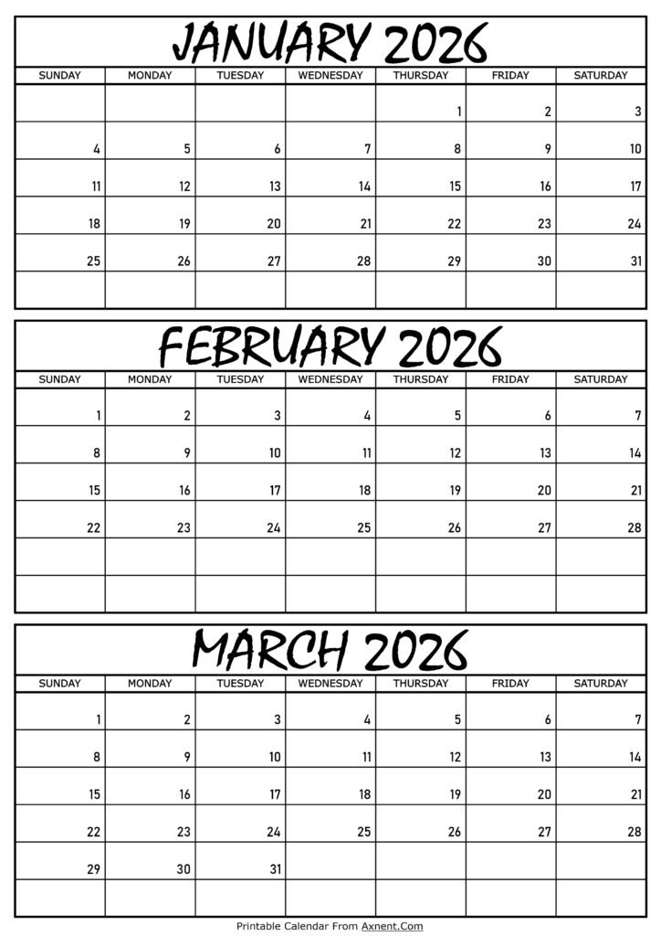 January February and March Calendar 2026