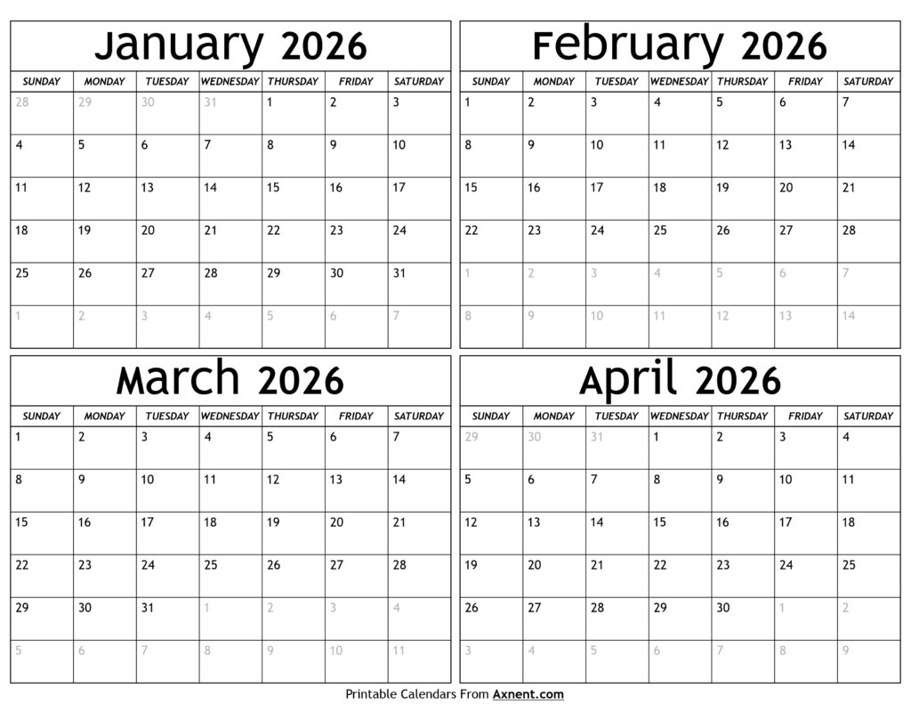 January to April 2026 Calendar