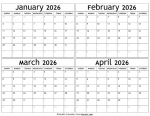 January to April 2026 Calendar