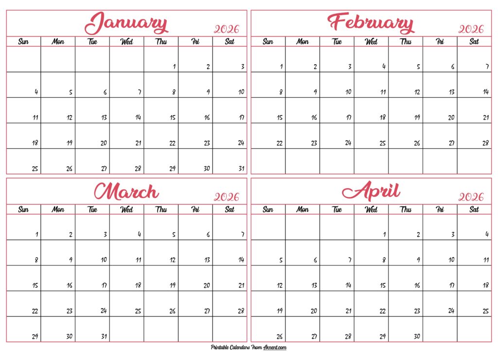 January to April Calendar 2026