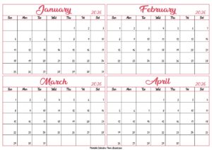 January to April Calendar 2026