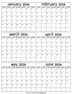 January to June 2026 Calendar