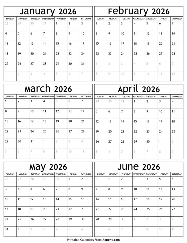 January to June 2026 Calendar