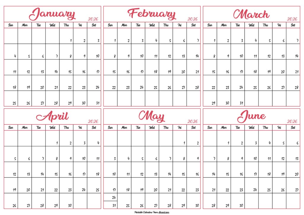 January to June Calendar 2026
