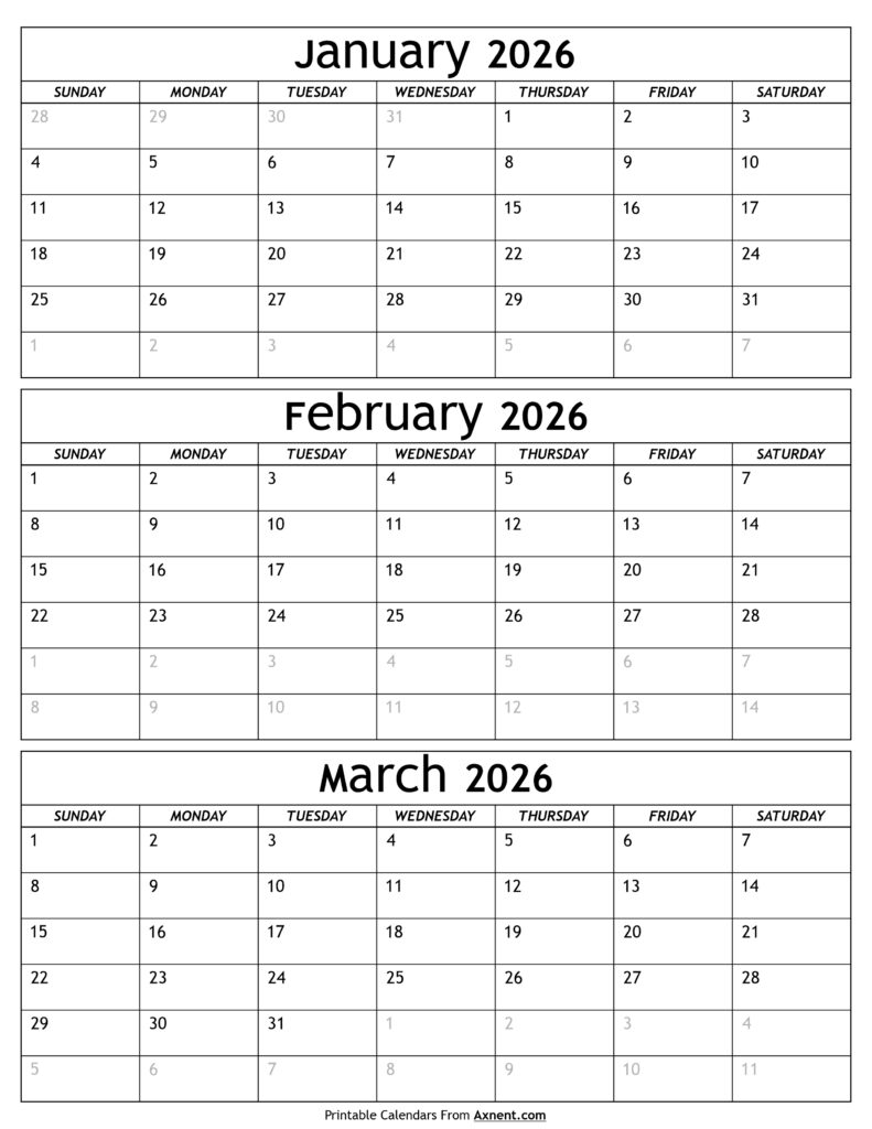January to March 2026 Calendar