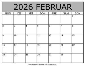 Kalender Februar 2026 zum Ausdrucken
