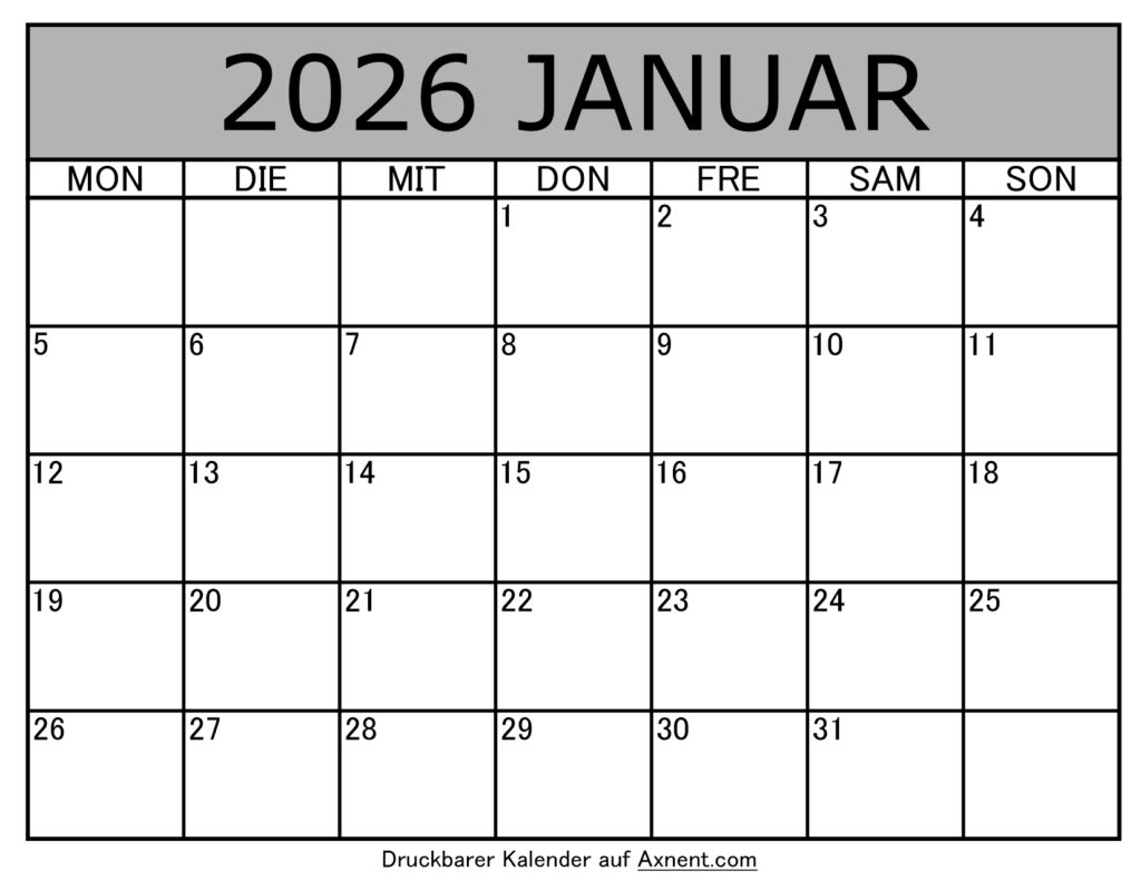 Kalender Januar 2026 zum Ausdrucken