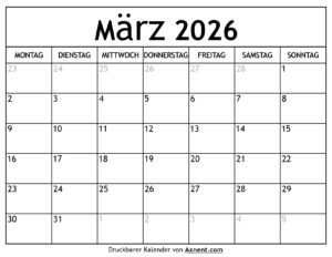 Kalender März 2026