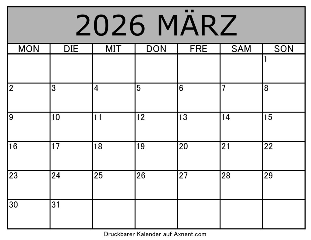 Kalender März 2026 zum Ausdrucken