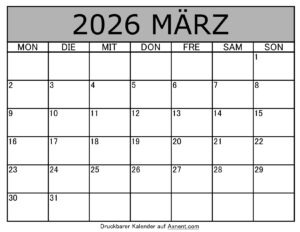 Kalender März 2026 zum Ausdrucken