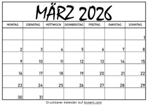 Kalender für März 2026