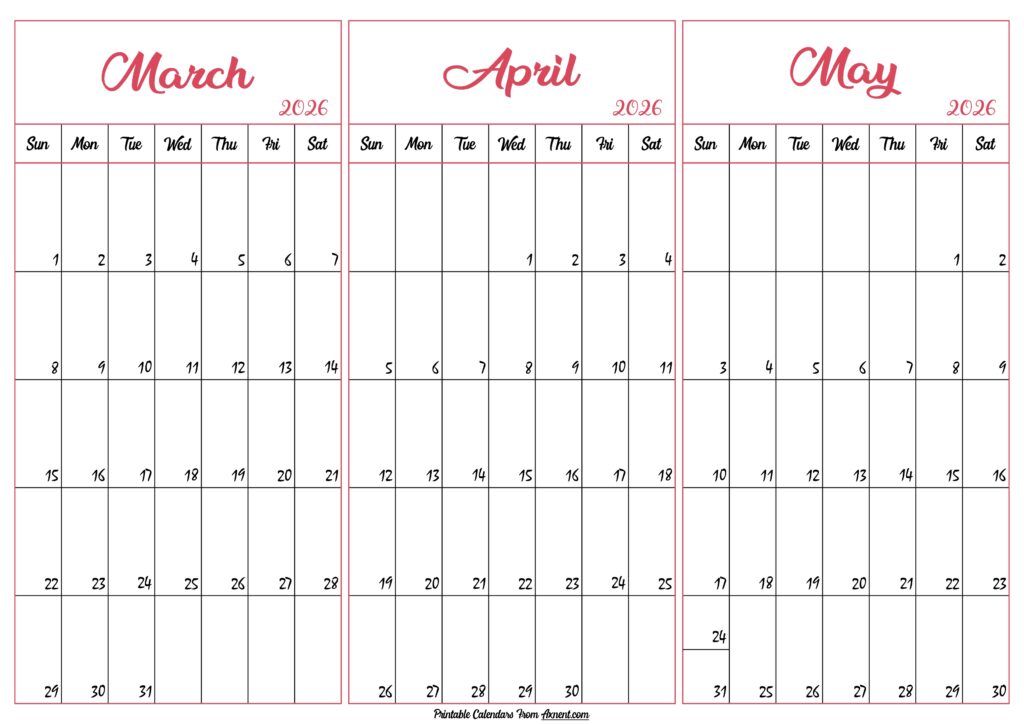 March April May 2026 Calendar