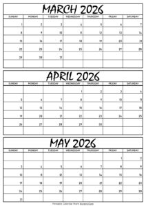 March April and May Calendar 2026